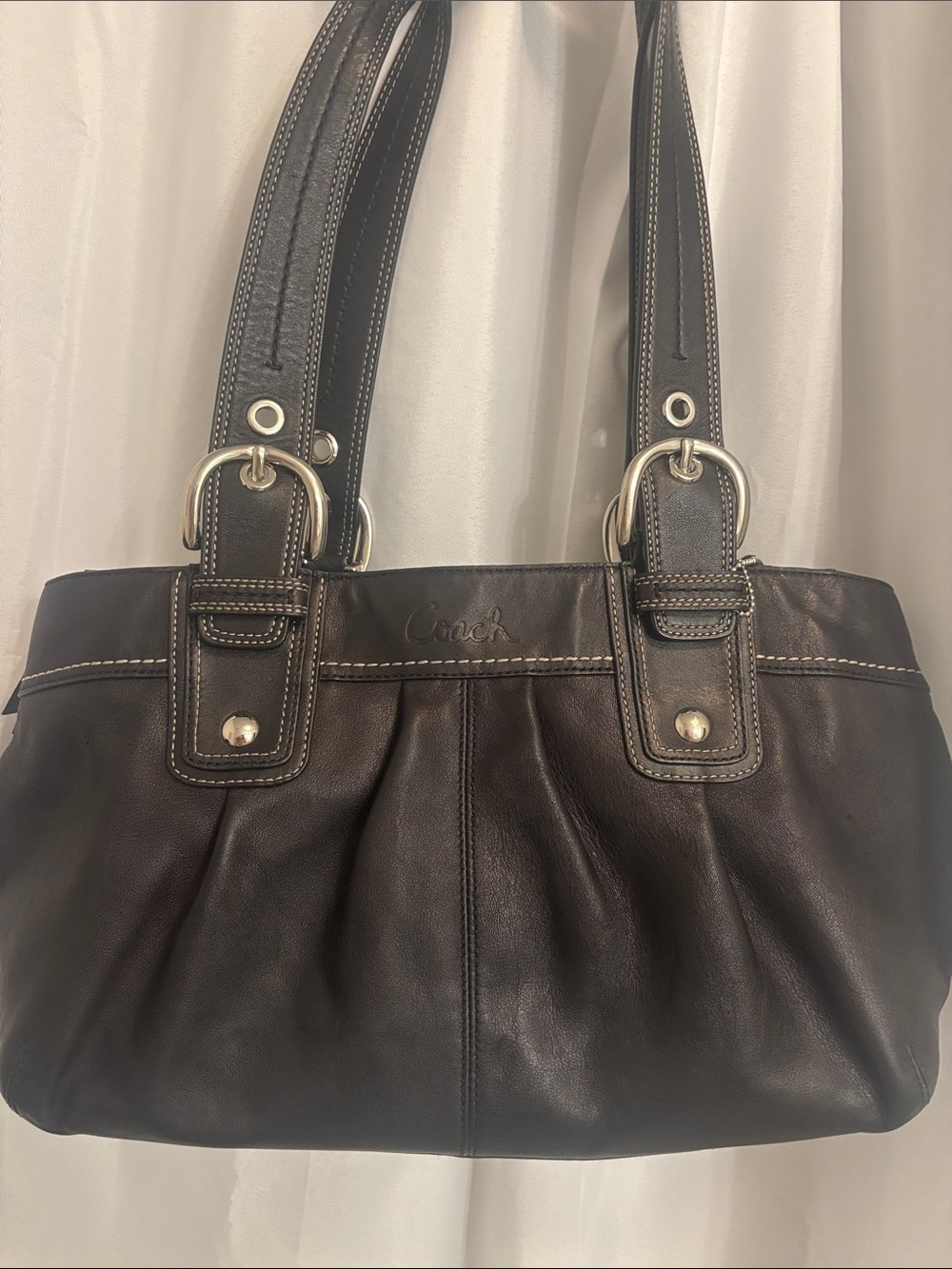 Vintage Coach Soho Pleated black Leather Shoulder bag Silver Hardware